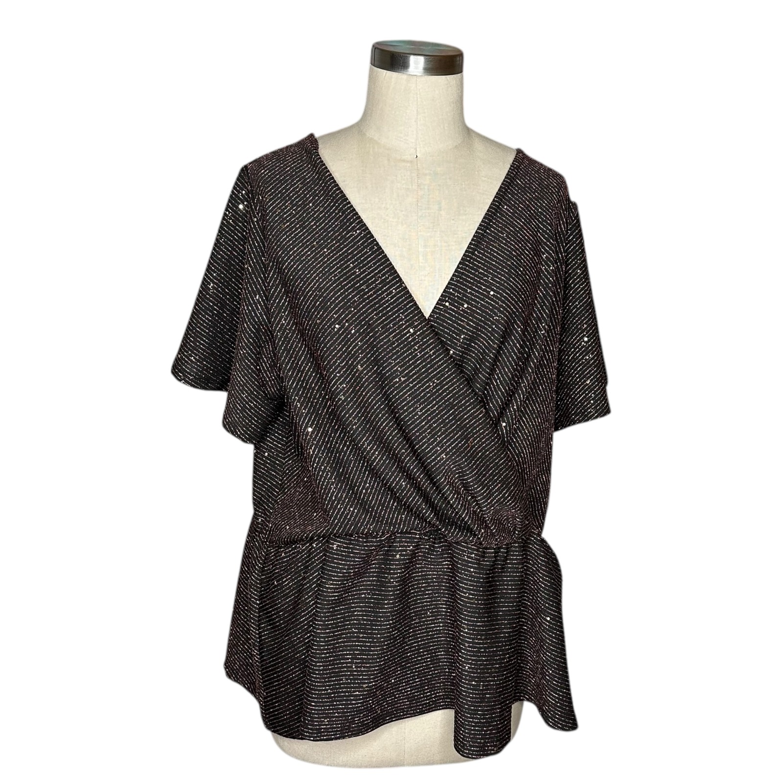Lane Bryant Women's Plus Size 22 24 Black Gold Sparkle Flutter Peplum Top Nwt